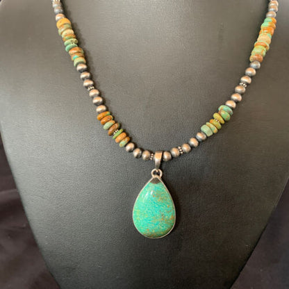Navajo Royston Bead Green Turquoise Necklace Pendant | Sterling Silver | Authentic Native American Handmade | 11920