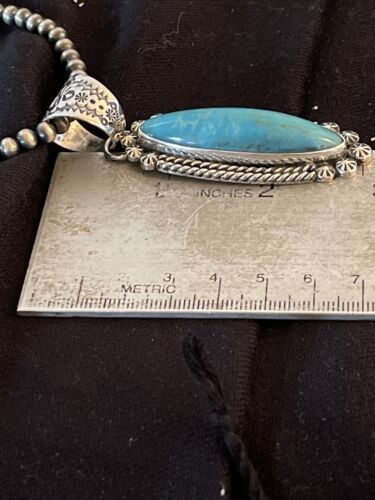 Men's Kingman Turquoise Pendant | Navajo Pearl Sterling Silver Necklace | Authentic Native American Handmade | 1070