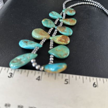 Southwestern Navajo Pearls Necklace | Sterling Silver | Blue Turquoise Teardrop | 14300