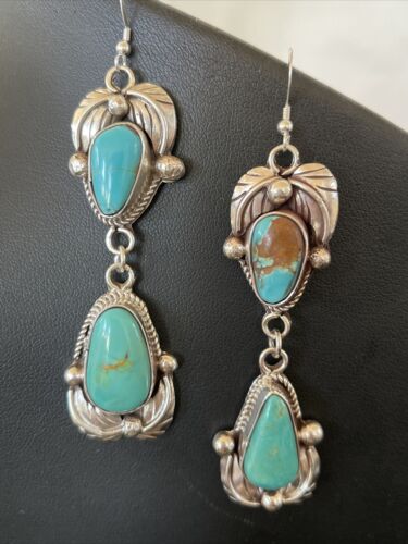 Navajo Royston Turquoise Dangle Earrings | Sterling Silver | Authentic Native American Handmade | 1166