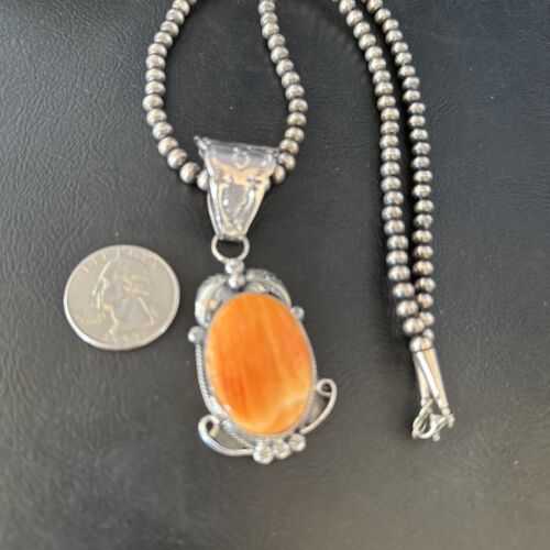 Navajo Pearls Necklace with Orange Spiny Oyster Pendant | Sterling Silver | Authentic Native American Handmade | 14723