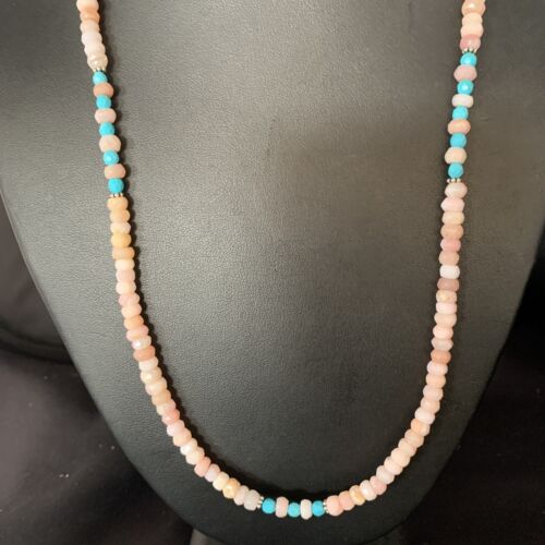 Navajo Blue Turquoise Pink Opal Bead Necklace | Sterling Silver | Authentic Native American Handmade | 22" | 13592