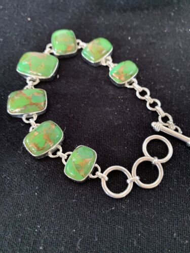 Navajo Green Mojave Turquoise Link Bracelet | Sterling Silver | 8.5" | Authentic Native American Handmade | 662