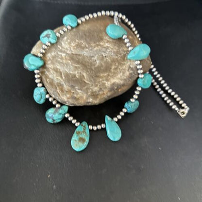 Navajo Teardrop Blue Turquoise Necklace | Sterling Silver Pearls | Authentic Native American Handmade | 14388