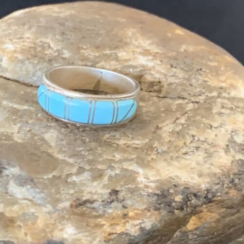 Native American Navajo Blue Turquoise Inlay Band Ring | Sz 6 | Sterling Silver | 12393