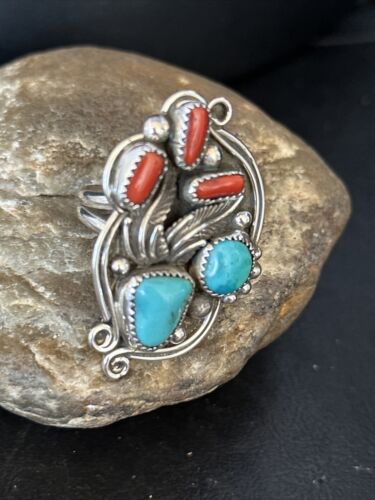 Navajo Blue Kingman Turquoise Coral Ring | Authentic Native American Sterling Silver | Multi-Stone | Sz 9.5 | 14499