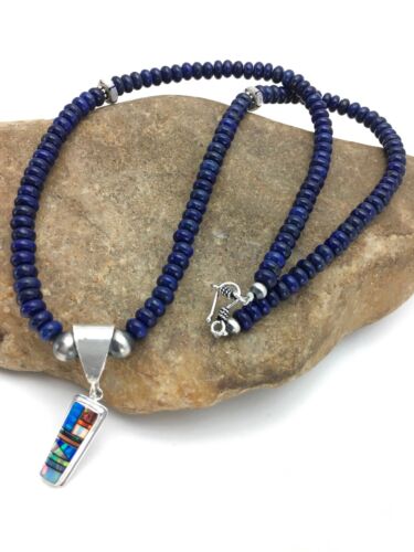 Navajo Sterling Silver Necklace Lapis Opal Pendant Set | 22" | Authentic Native American Handmade | 2907