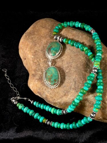 Southwestern Green Turquoise Necklace | Pueblo Sterling Silver Pendant | Multi-Stone | 8697