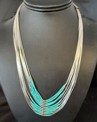 Southwestern Liquid Silver Heishi Necklace | 10 Strand | Turquoise | Sterling Silver | 14819