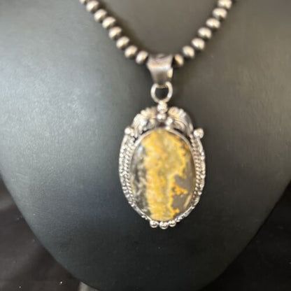 Navajo Bumblebee Jasper Pendant Necklace | Sterling Silver | Authentic Native American Handmade | 14247