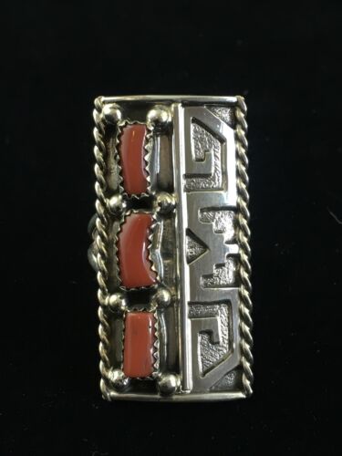 Navajo Red Coral Ring | Sterling Silver | Sz 9 | Authentic Native American Multi-Stone | 10092