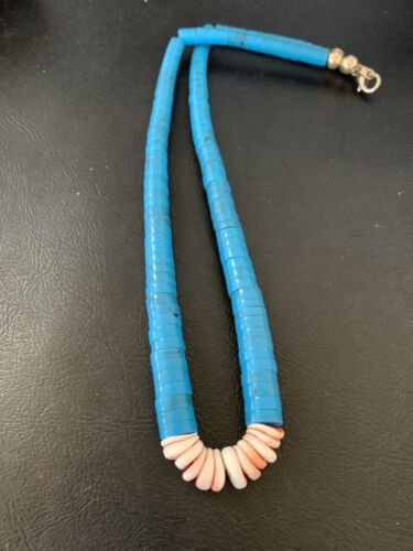 Southwestern Santo Domingo Spiny Oyster & Blue Turquoise Graduated Necklace | Authentic Native American | 19" | 12526