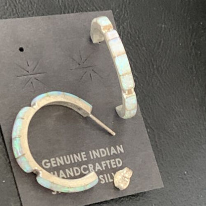 Navajo White Opal Inlay Hoop Earrings | Sterling Silver | 1" | Authentic Native American Handmade | 12128