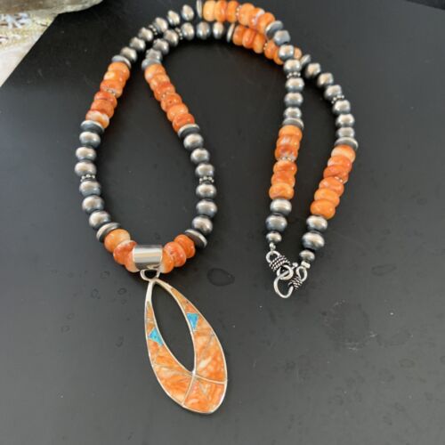 Navajo Pearls Sterling Silver Necklace | Orange Spiny Oyster Inlay Pendant | Authentic Native American Handmade | 11318