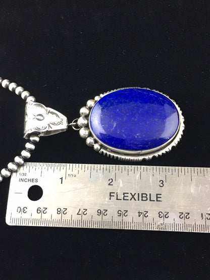 Men's XL Navajo Pearls Necklace Pendant | Sterling Silver Blue Lapis | Authentic Native American Handmade | 10116
