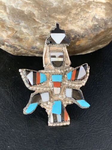 Authentic Native American Zuni Kachina Pin Pendant Necklace | Sterling Silver with Turquoise, Mother of Pearl & Onyx Inlay | 13687