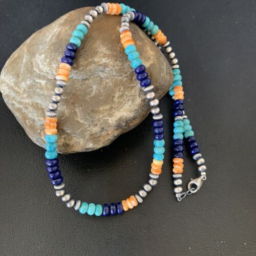 Navajo Blue Lapis Turquoise Orange Spiny Oyster Necklace | Sterling Silver | 22" | 13364 - Masha USA