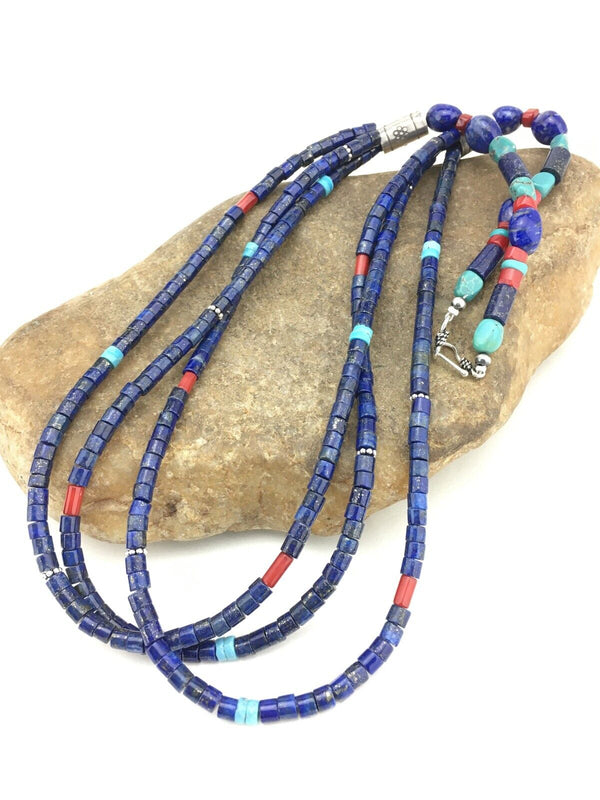 Southwestern Navajo Lapis Turquoise Necklace | 3-Strand | Sterling Silver | 24" | 1332