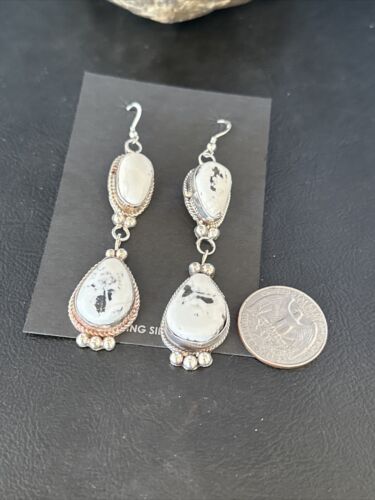 Navajo White Buffalo Turquoise Dangle Earrings | Sterling Silver | 2.5" | Authentic Native American Handmade | 14801