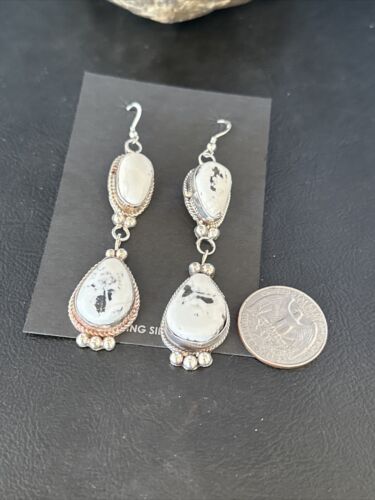 Navajo White Buffalo Turquoise Dangle Earrings | Sterling Silver | 2.5" | Authentic Native American Handmade | 14801