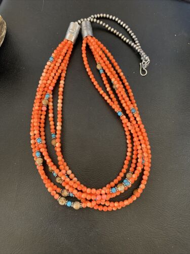 Navajo Pink Coral 5-Strand Turquoise Bead Necklace | Sterling Silver | 25" | Authentic Native American Handmade | 12510