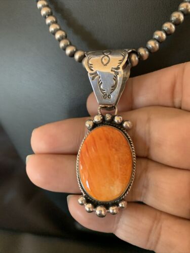 Navajo Orange Spiny Oyster Pendant Necklace | Sterling Silver | Authentic Native American Handmade | 13082