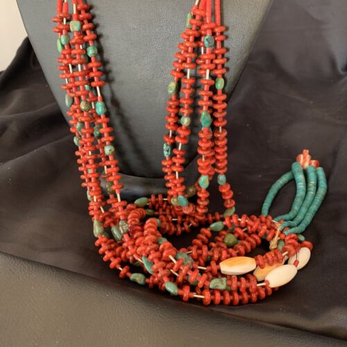 Southwestern Santo Domingo Red Coral Green Turquoise 5-Strand Jacla Necklace | 38" | Native American Handmade | 12052