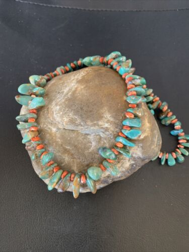 Navajo Green Turquoise and | Red Spiny Oyster Necklace | Sterling Silver | Authentic Native American Handmade | 21" | 13222