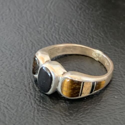 Navajo Black Onyx Coffee Tigers Eye Inlay Ring | Sterling Silver | Sz 8 | Authentic Native American Handmade | 10732