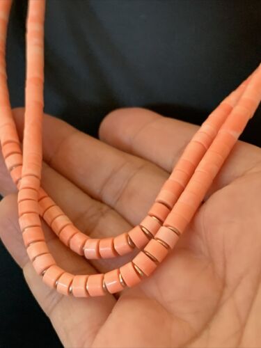Navajo Pink Coral 2 Strand Heishi Bead Necklace | Sterling Silver Tube | 16" | Authentic Native American | 00758
