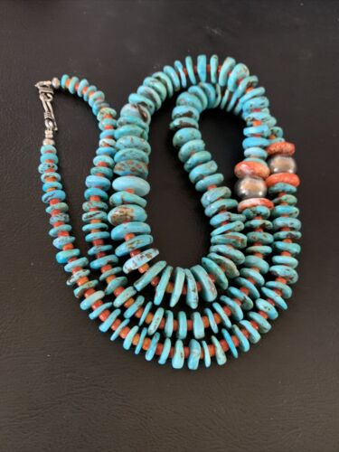 Navajo Natural Turquoise & Spiny Oyster Necklace | Sterling Silver | Authentic Native American | 32" | 13248