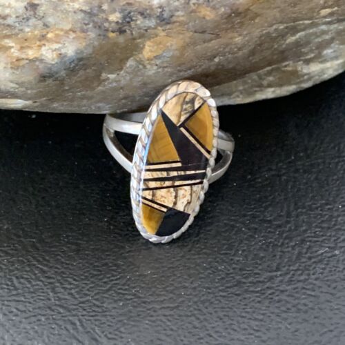 Navajo Black Onyx Coffee Tigers Eye Inlay Ring | Sterling Silver | Sz 8.5 | 10733