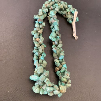 Navajo Green Turquoise Nugget Necklace | 3-Strand Braid | Sterling Silver Pearls | 20" | 11833