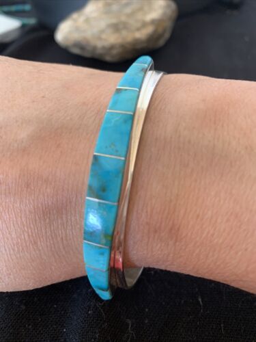 Native American Navajo Blue Turquoise Inlay Bracelet | Sterling Silver | Authentic Handmade | 00986