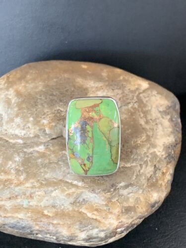 Adjustable Navajo Green Mojave Turquoise Ring | Sterling Silver | Sz 8 | Authentic Native American Handmade | 11791 - Masha USA