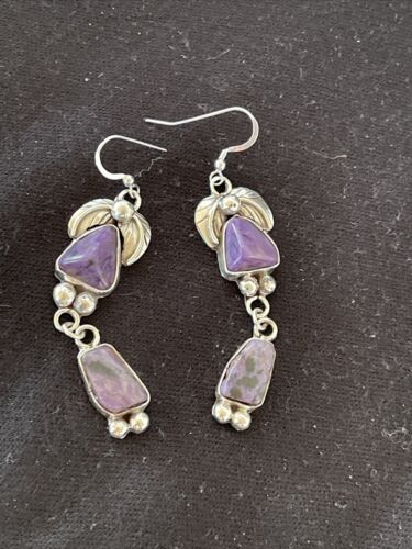 Navajo Purple Charoite Dangle Earrings | Sterling Silver | Authentic Native American Handmade | 1224