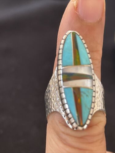 Navajo Multi-Color Opal & Turquoise Inlay Ring | Sterling Silver | Sz 7 | Authentic Native American Handmade | 1580