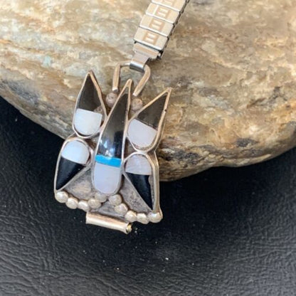 Navajo Sterling Silver Watch Tips | Old Pawn Turquoise Onyx Mother of Pearl Inlay | Authentic Native American Jewelry | 11929 - Masha USA