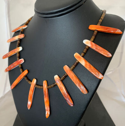 Navajo Orange Spiny Oyster Bone Stick Bead Necklace | Sterling Silver | 22" | Authentic Native American Handmade | 00680