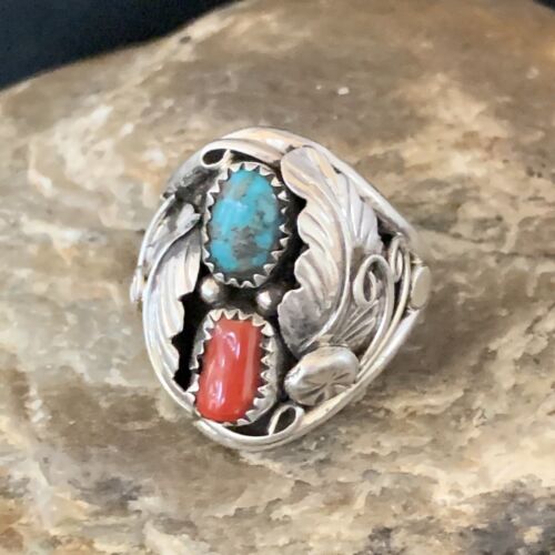 Navajo Kingman Turquoise Coral Ring | Authentic Native American Sterling Silver | Multi-Stone | Sz 11 | 14128