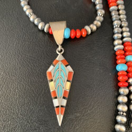Navajo Blue Turquoise Coral Pendant Necklace | Sterling Silver Inlay | Authentic Native American Handmade | 13840