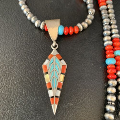 Navajo Blue Turquoise Coral Pendant Necklace | Sterling Silver Inlay | Authentic Native American Handmade | 13840