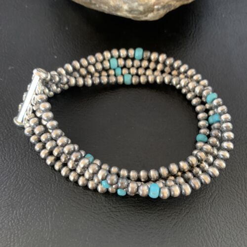 Navajo Pearls Blue Turquoise Bracelet | Sterling Silver | 4-Strand | Authentic Native American Handmade | 13148