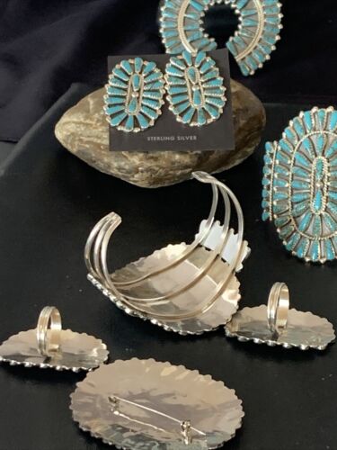 Navajo Blue Turquoise Squash Blossom Necklace | Sterling Silver | 7Pc Cluster Pendant | 12084