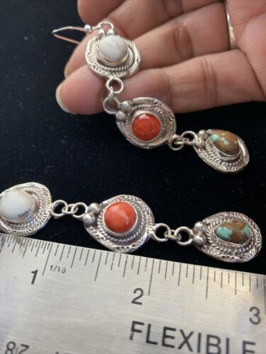 Navajo Spiny, Turquoise & Howlite Dangle Earrings | Sterling Silver | Authentic Native American Handmade | 01620