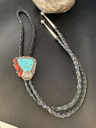 Ultra Rare Men's Bolo Tie | Blue Kingman Turquoise & Coral | Sterling Silver | Navajo | 13669