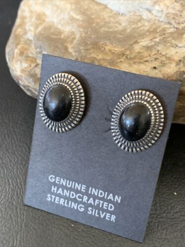 Navajo Black Onyx Stud Post Earrings | Sterling Silver | 0.5" | Authentic Native American Handmade | 12643