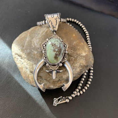 Navajo Green Spiderweb Turquoise Necklace with Naja Pendant | Sterling Silver | Authentic Native American Handmade | 2246 - Masha USA