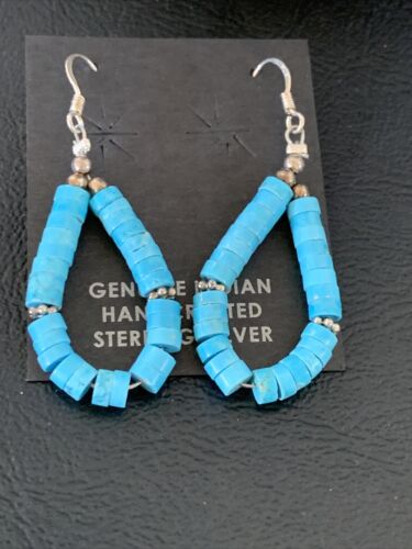 Navajo Turquoise Heishi Sterling Silver Pearls Beads Earrings | 1.5" | Authentic Native American Handmade | 13044