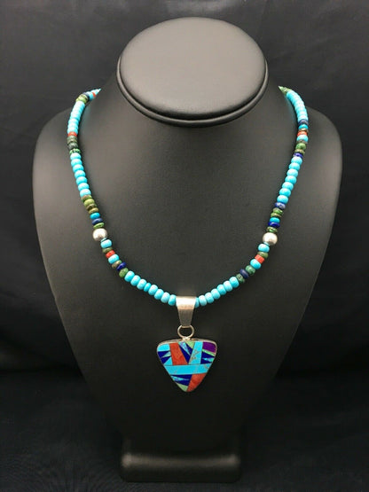 Authentic Native American Sterling Silver Necklace | Blue Turquoise Multicolor Pendant | Navajo Handmade | 21" | 4277